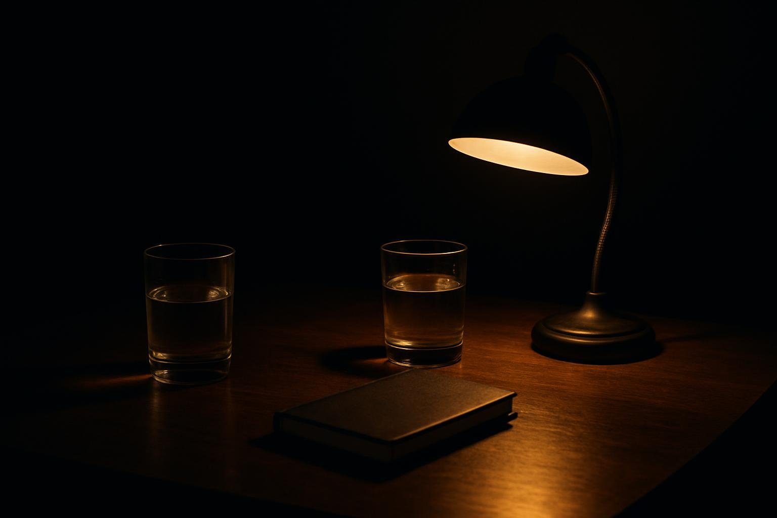 a simple dining table with two water glasses, a small notebook closed, and a soft desk lamp casting warm evening light; no people, menus, or screens