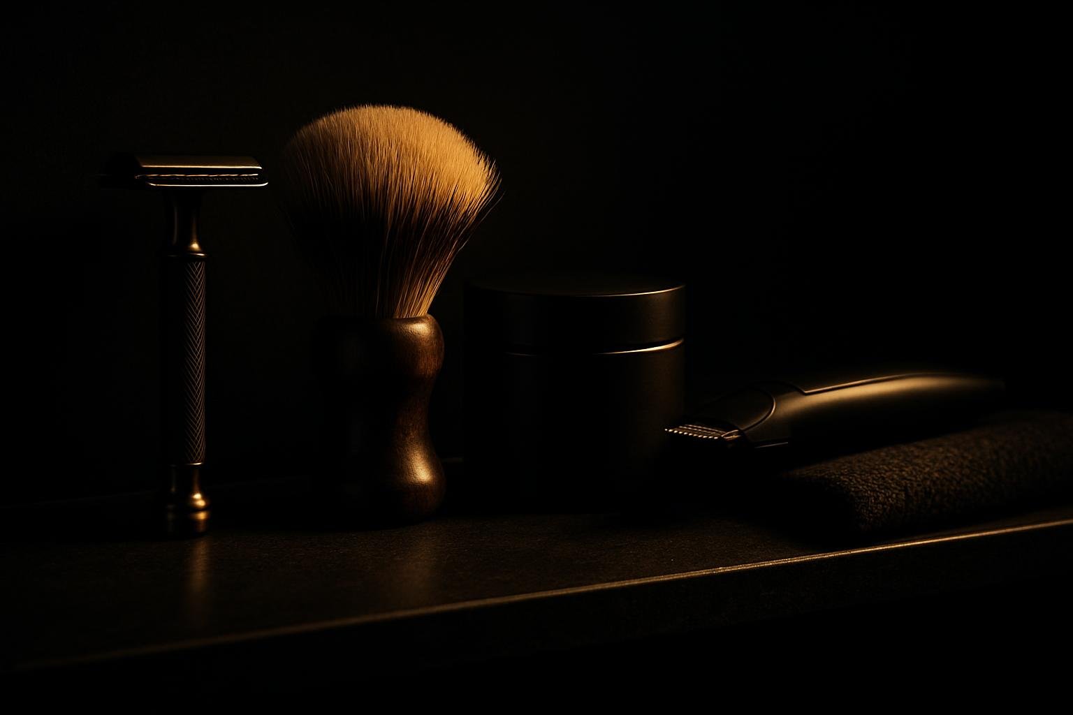 a bathroom shelf with a safety razor, boar-bristle brush, matte hair clay, a small beard trimmer, and a folded dark hand towel under soft morning light