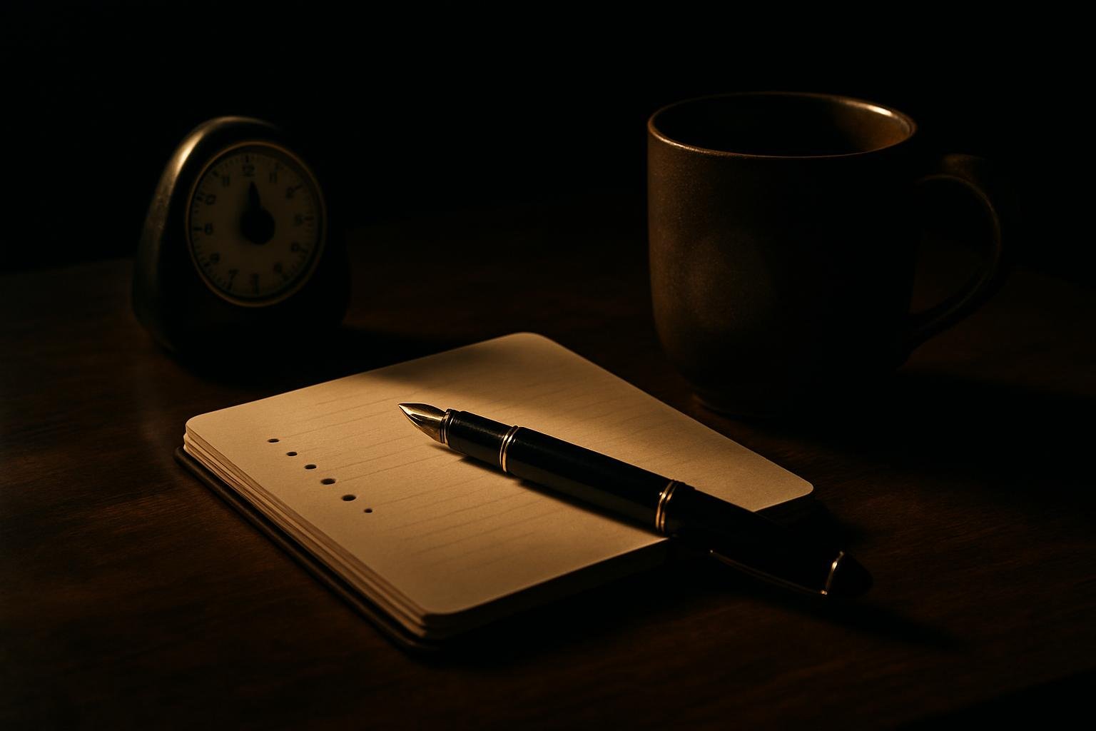 a small notebook open to bullet points, a fountain pen, a kitchen timer, and a ceramic mug on a wooden table under morning window light; no screens or text visible