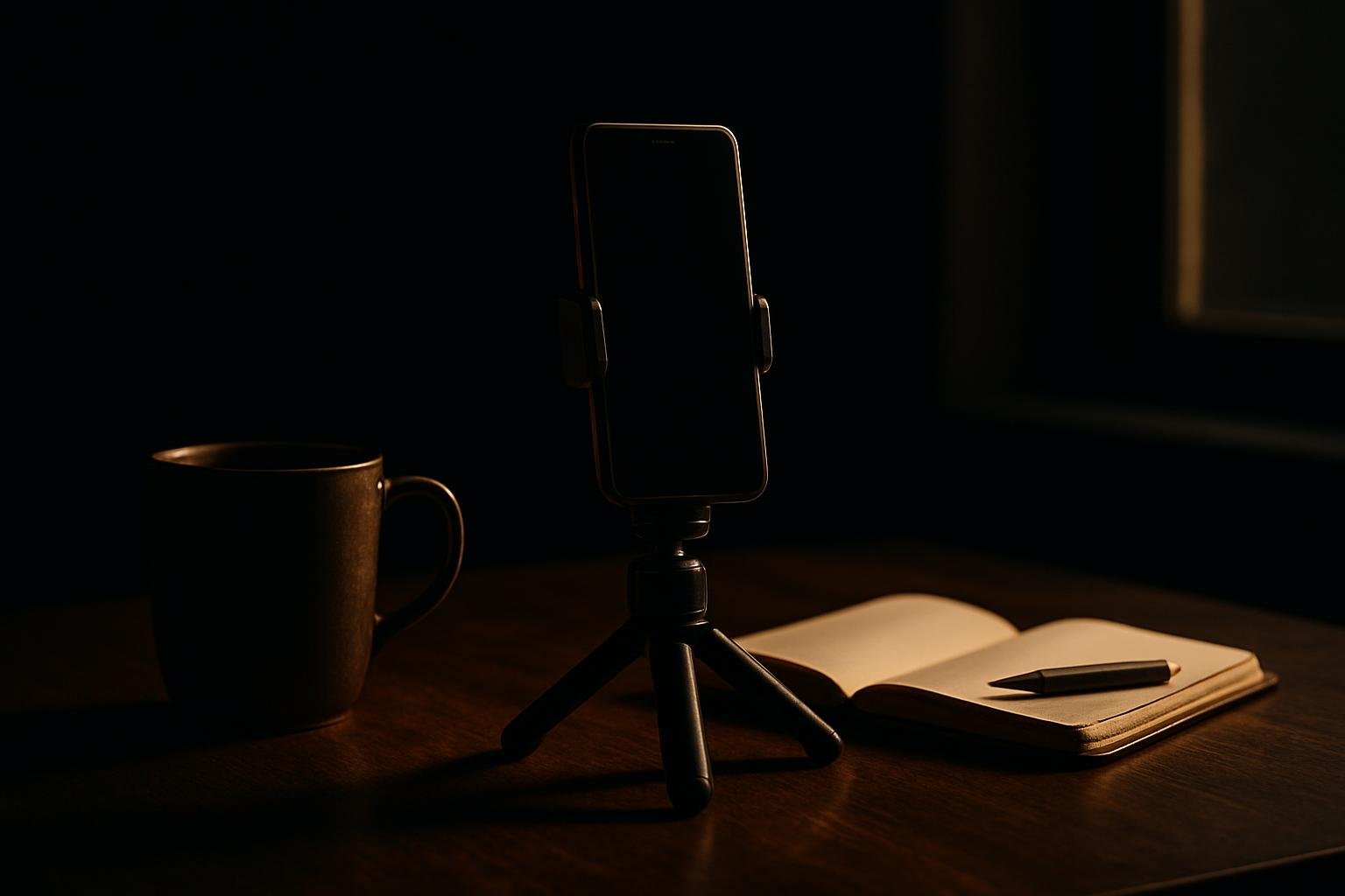 A smartphone on a small tabletop tripod next to a coffee mug and notepad; a window casts soft side light across the setup on a wooden table.