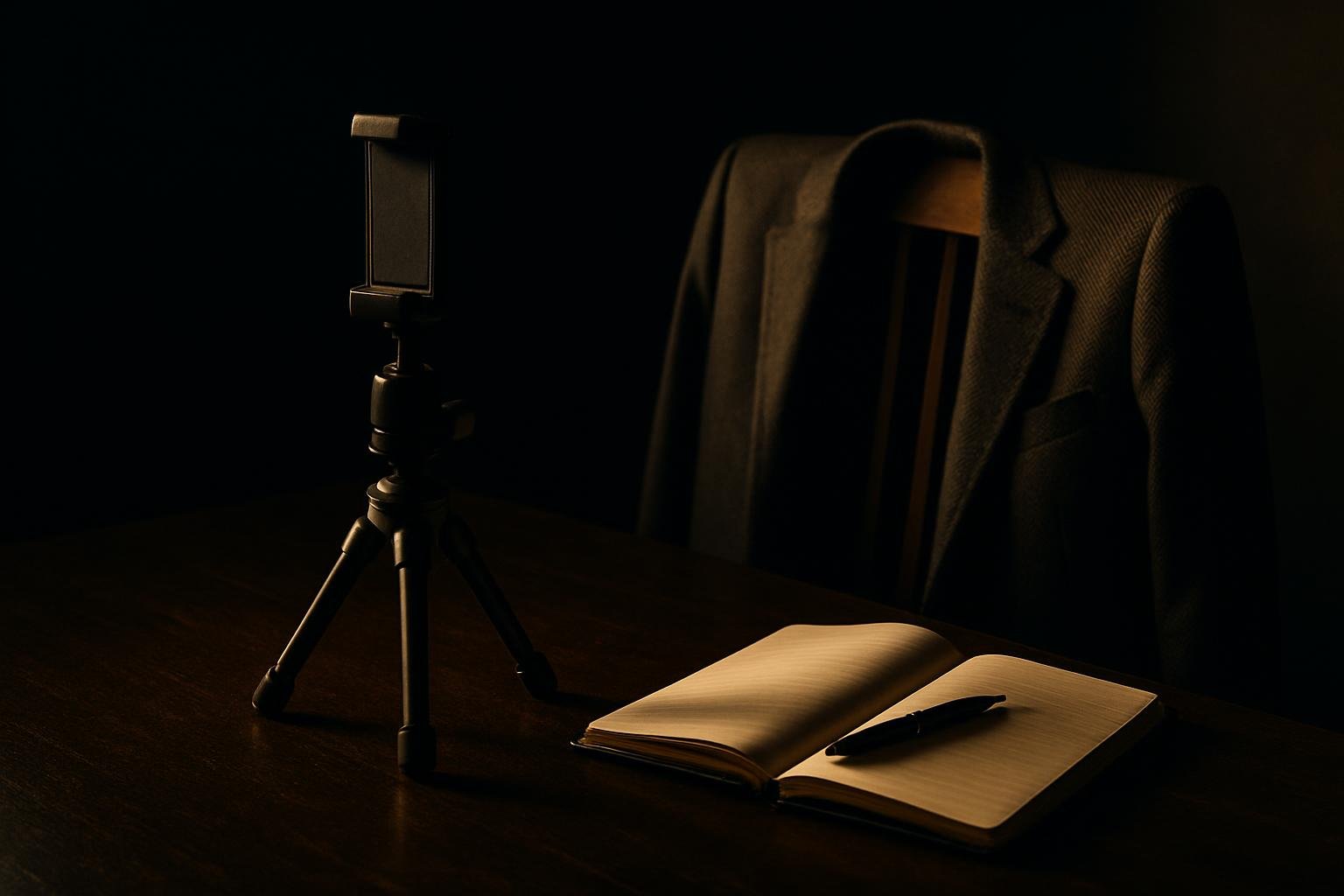 A small tabletop tripod with a phone clamp, a folded blazer on the back of a chair, and a notebook with a pen; evening window light falls across a tidy dining table.