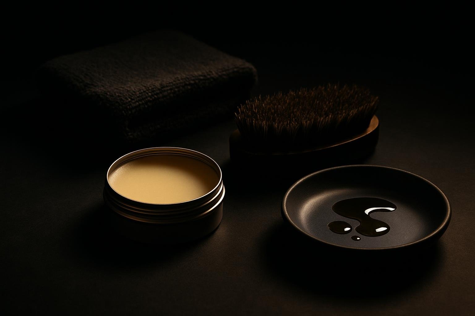 a matte tin of balm partially open, a boar-bristle brush, towel, and a cool-gray ceramic dish with oil drops under soft overhead light
