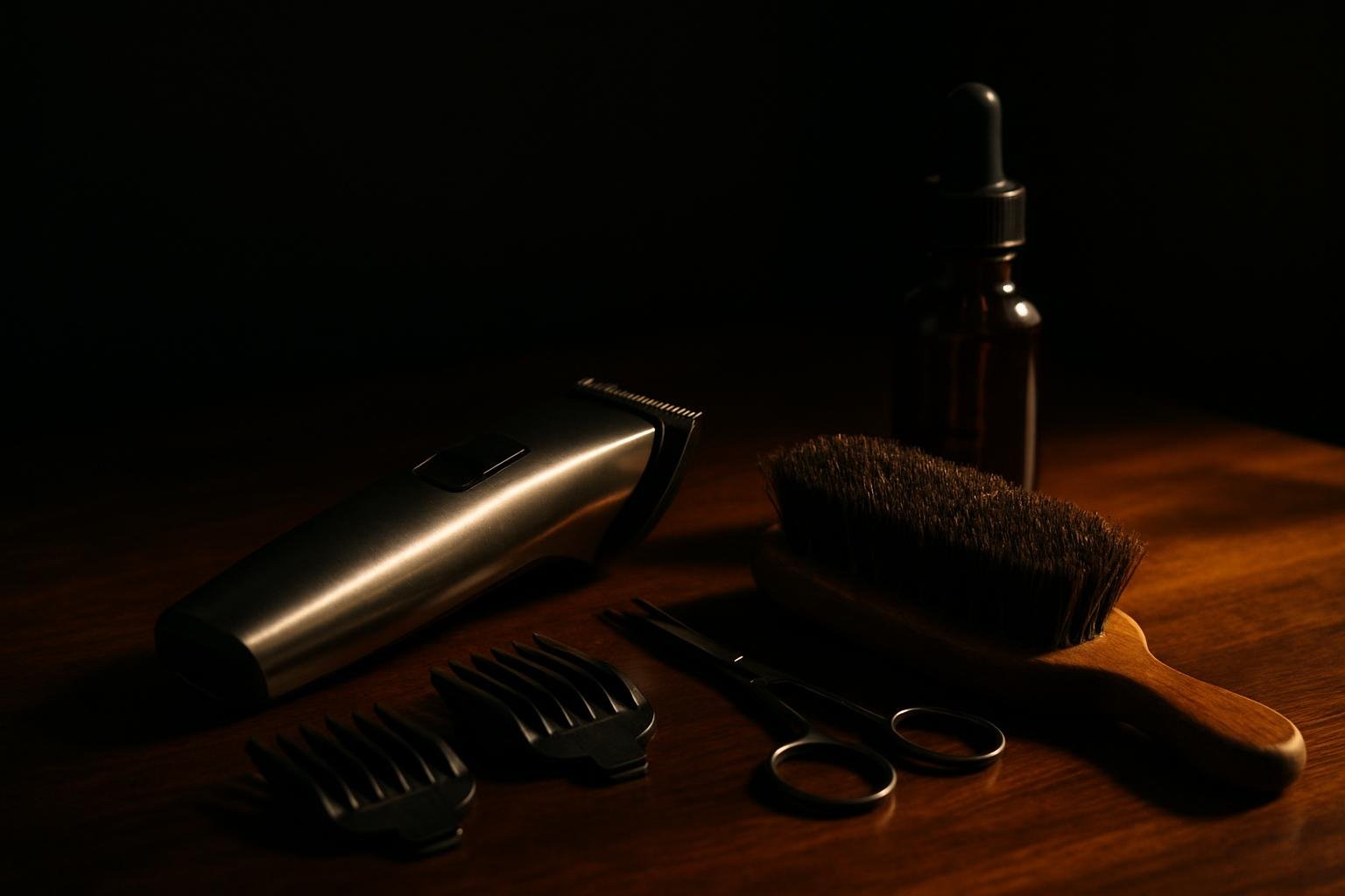 a steel trimmer with clip-on guards, small scissors, a boar-bristle brush, and a dropper bottle arranged on a walnut counter under soft morning window light