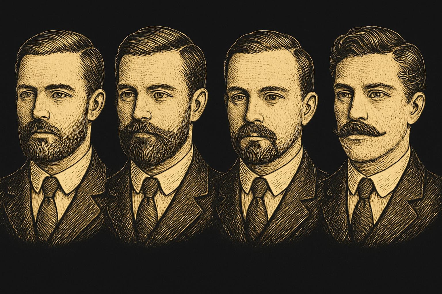 four etched gentleman busts showing: heavy 6–8 mm stubble; a short boxed 10–12 mm beard with rounded corners; a circle beard; and a mustache with 3 mm stubble on cheeks, all labeled by length