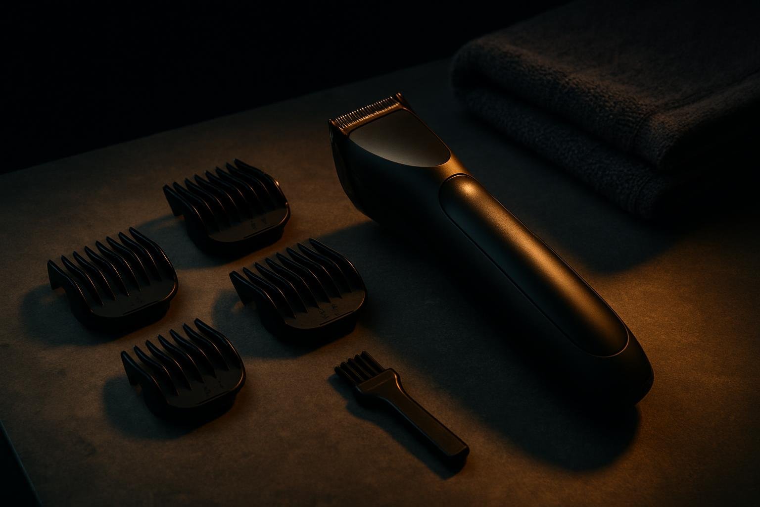 a matte black body trimmer on a gray stone counter with four clip-on guards labeled by size, a small cleaning brush, and a folded towel under soft window light