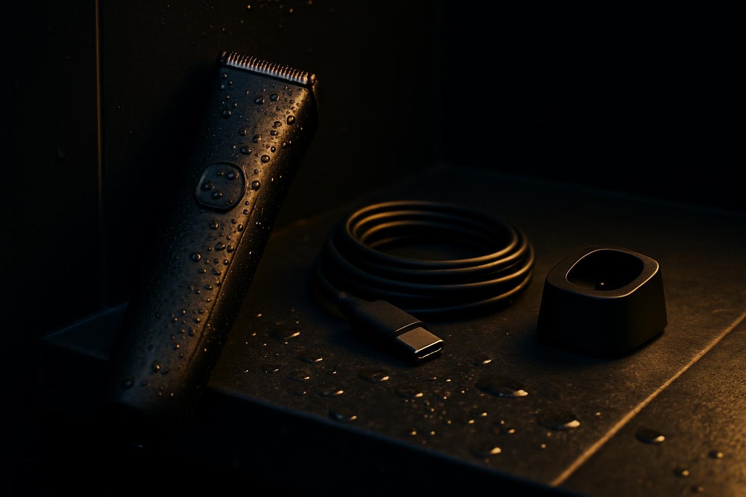 a waterproof trimmer resting on a shower ledge with water droplets, a USB-C cable coiled beside it, and a small charging base on matte tile under cool daylight