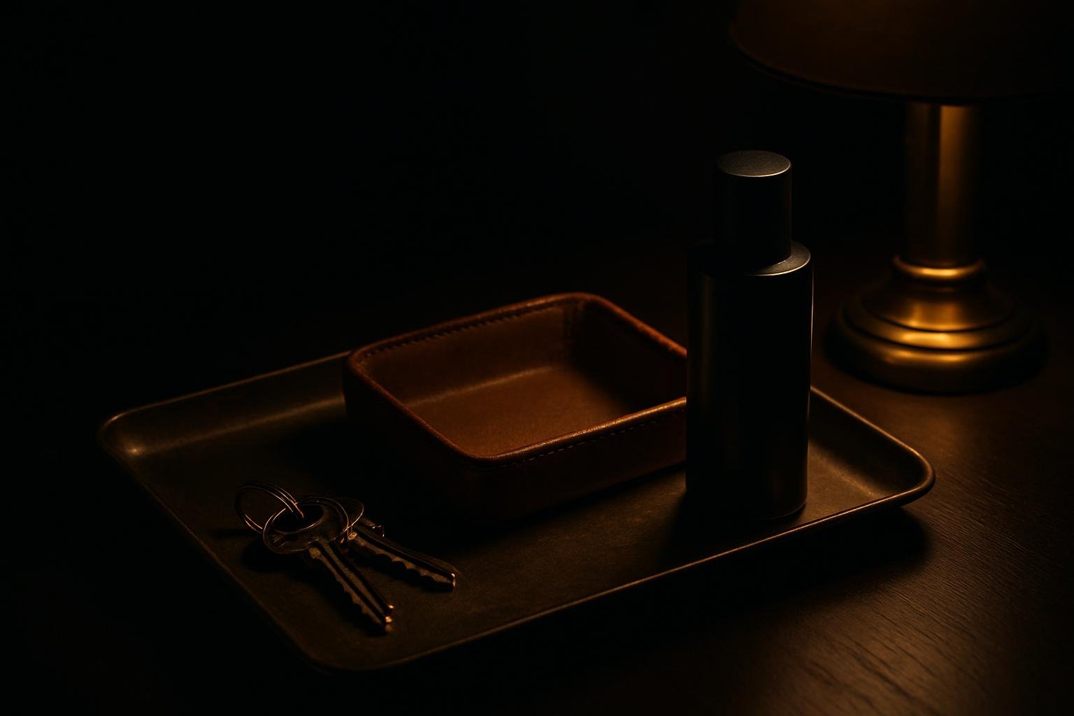 a small metal tray by a door with keys, a leather valet catchall, and an unbranded cologne atomizer under warm evening lamp light