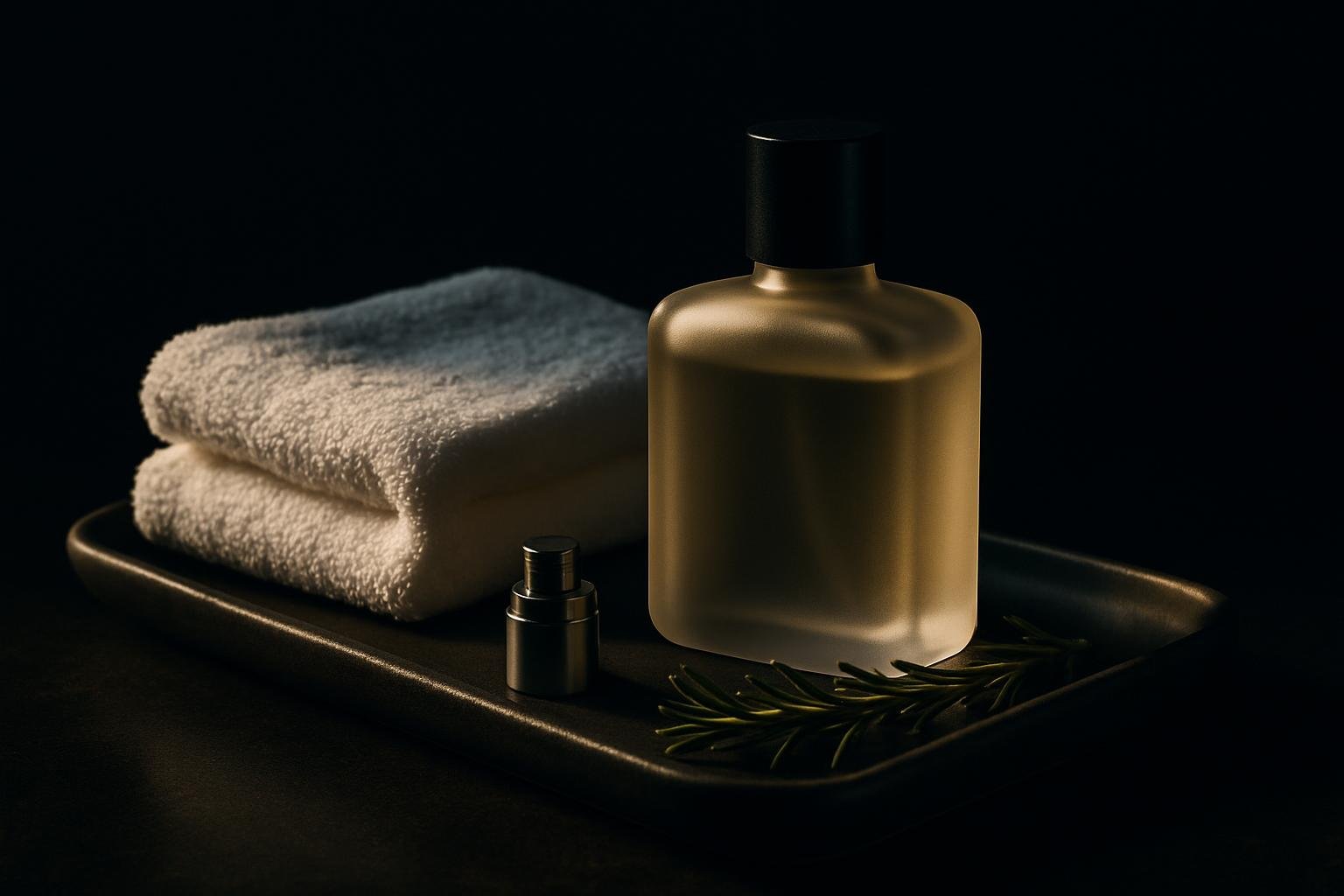 a frosted glass cologne bottle on a ceramic tray beside a folded white towel, a metal atomizer, and a sprig of rosemary under cool morning window light