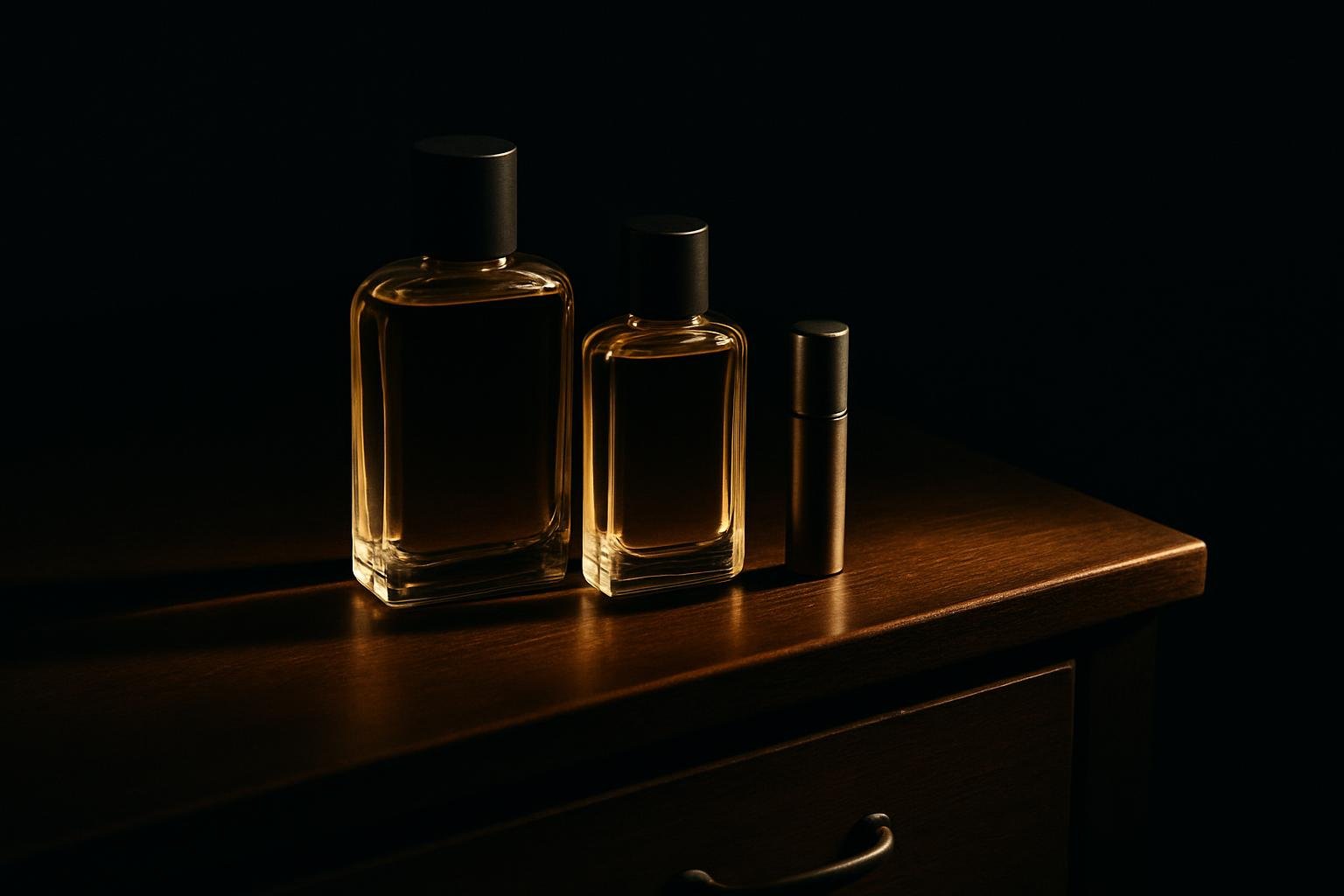 a tidy dresser top with two unbranded glass fragrance bottles, a metal travel atomizer, and a closed drawer casting soft shadow in late afternoon light