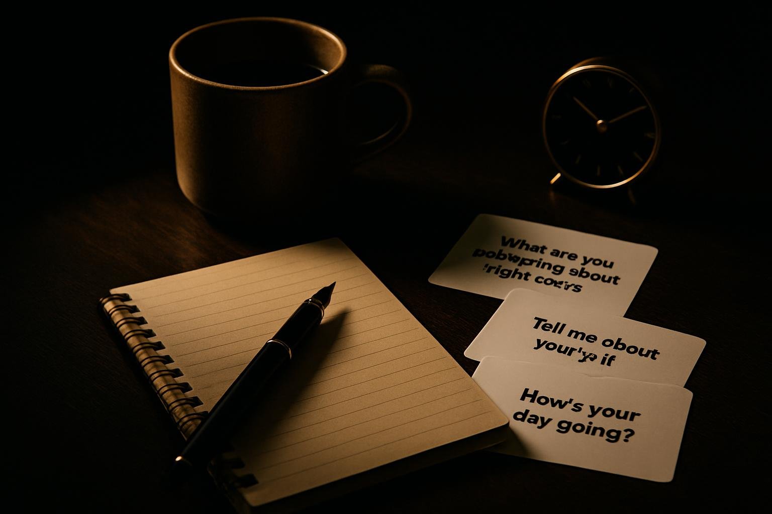 a notepad and pen beside a ceramic coffee mug, with printed prompt cards and a small desk clock, lit by morning window light