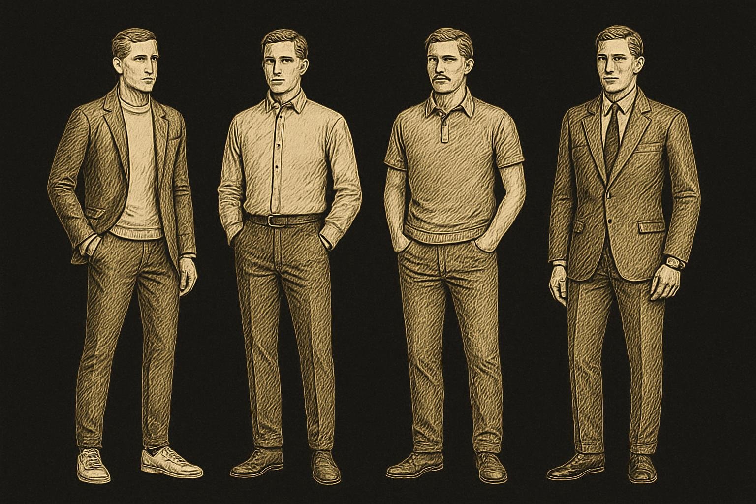 four etched gentleman figures showing outfit silhouettes: smart casual with blazer and sneakers; dinner outfit with OCBD and suede boots; weekend knit polo and jeans; minimal accessories only