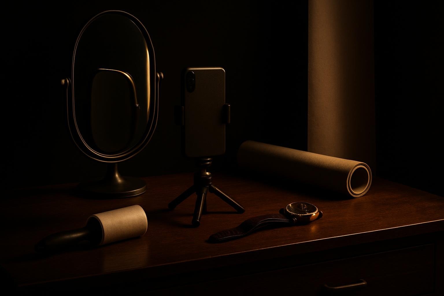 a wooden dresser top with a mirror, a small tripod phone mount, a neutral backdrop roll, a lint roller, and a watch laid neatly under soft window light