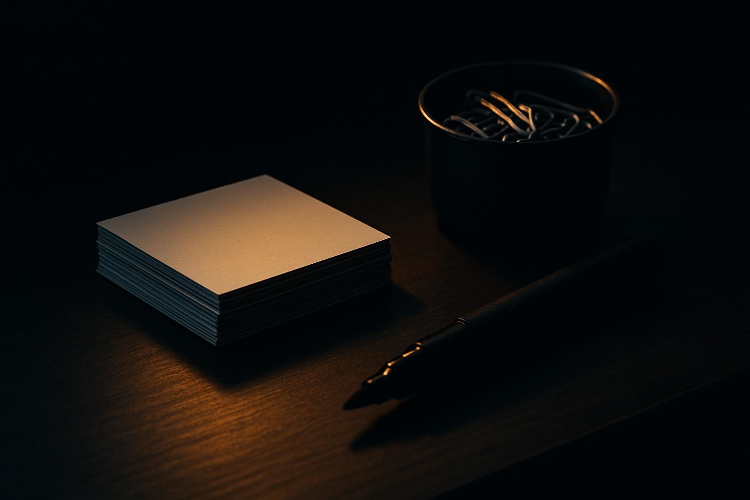 a tidy desk with a small stack of printed prompts, a black felt-tip marker uncapped, and a cup of paperclips, lit by cool morning light