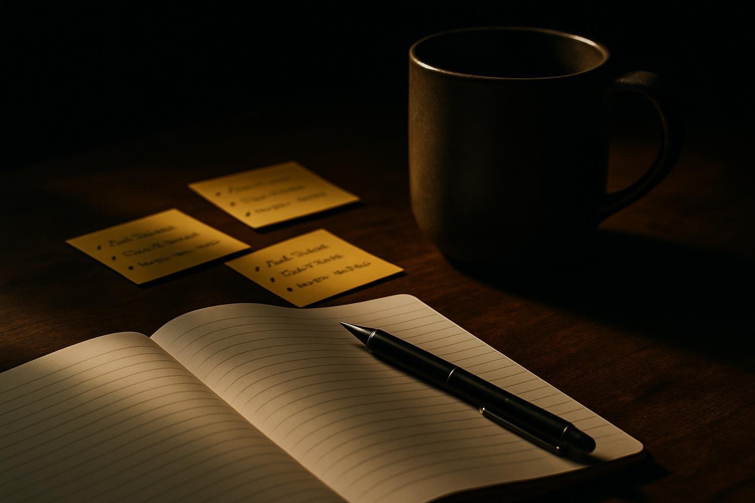 a lined notebook with a fine-point pen, a ceramic coffee mug, and sticky notes with short bullet phrases on a wooden table under morning window light