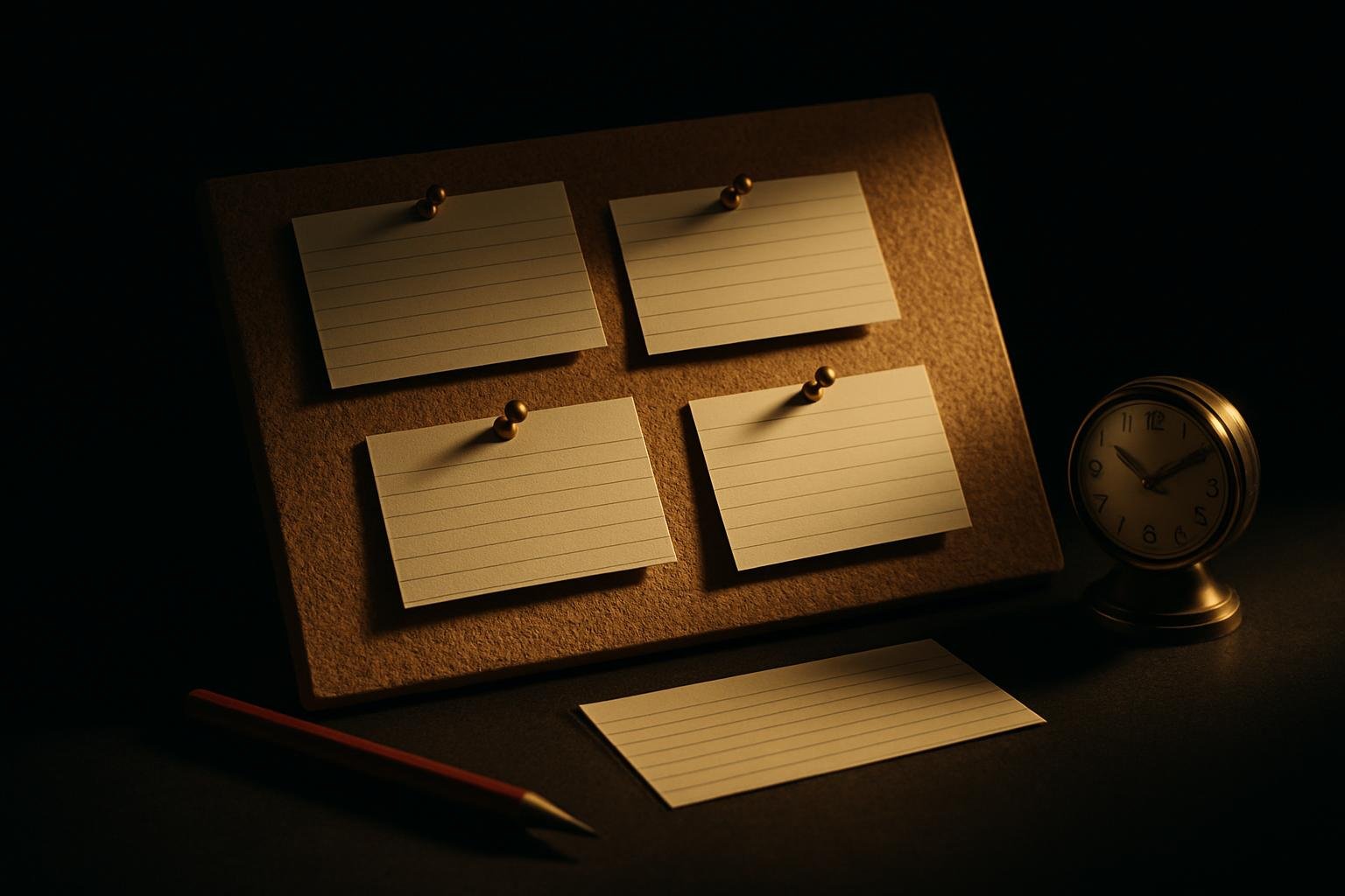 a corkboard with neatly pinned index cards, a red pencil, and a small desk clock, lit by soft afternoon light from the side