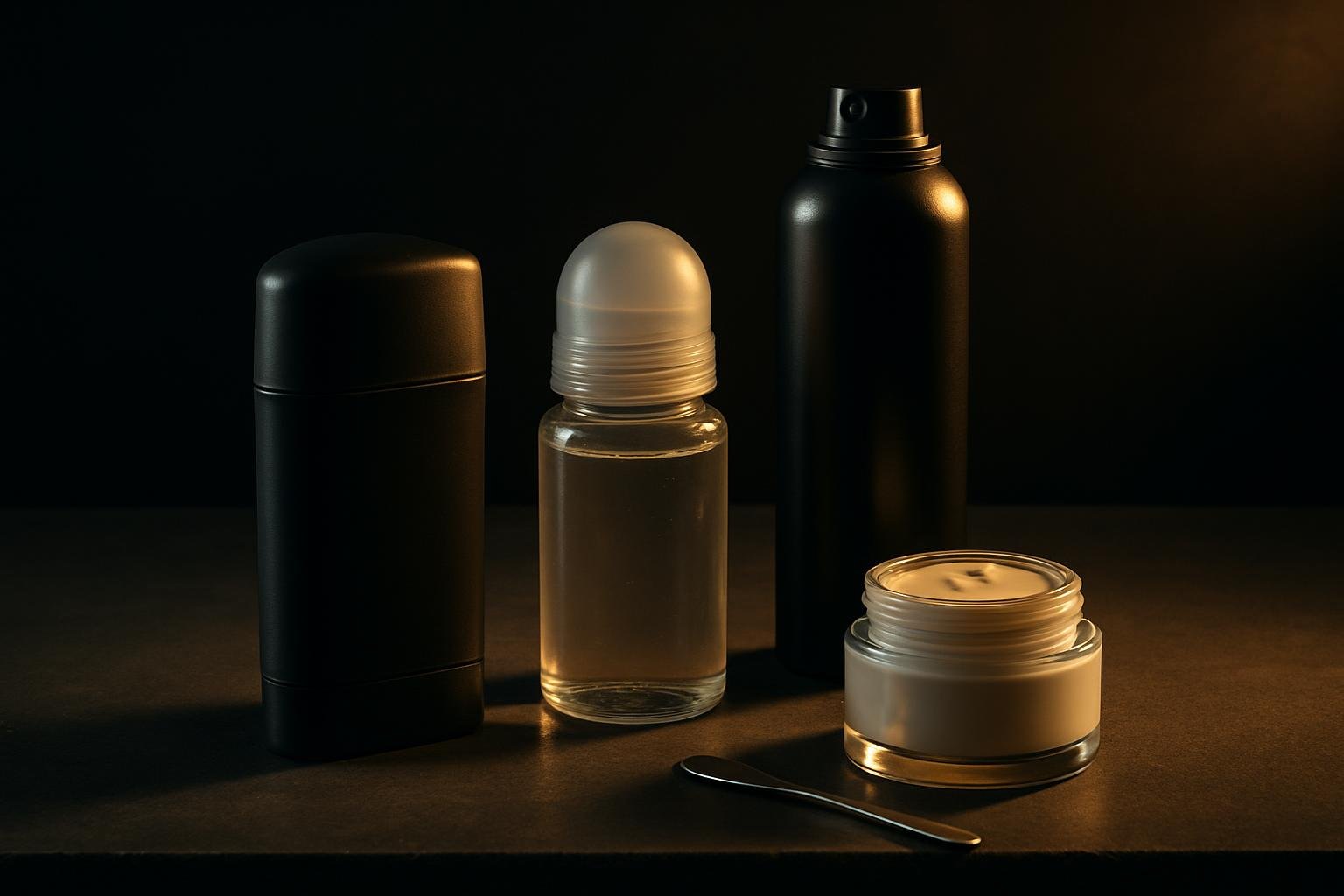 a clean bathroom counter with a deodorant stick, a clear gel roll-on, an aerosol can, and a small metal spatula beside a cream jar arranged on matte stone under soft morning light