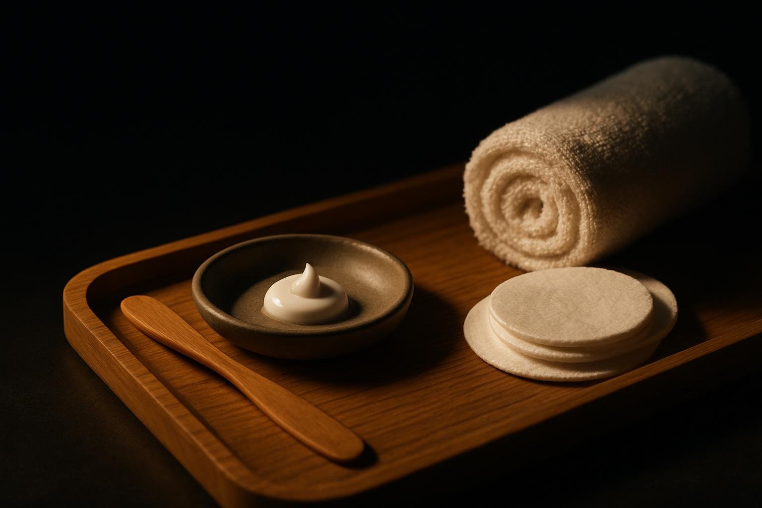 a small ceramic dish with a pea-sized dab of cream deodorant, a wooden spatula, cotton pads, and a rolled white towel on a light oak tray under soft window light