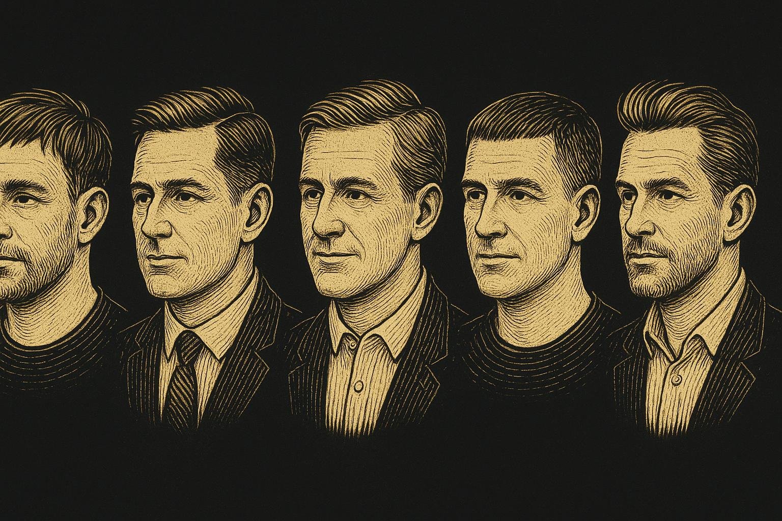 Barber chart illustration of five haircuts for men over 40: textured crop, tapered side part, scissor cut, Caesar, and low quiff