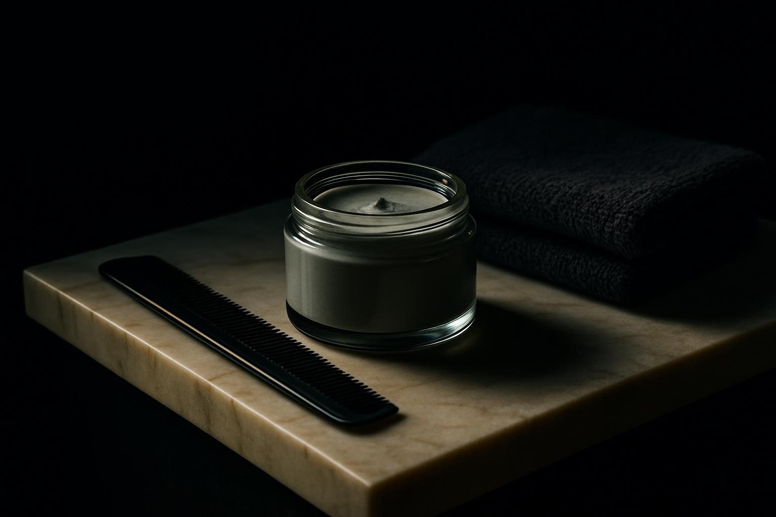 A glass jar of matte grooming paste, a fine-tooth comb, and a folded charcoal towel on a pale marble shelf, lit by soft, cool window light.