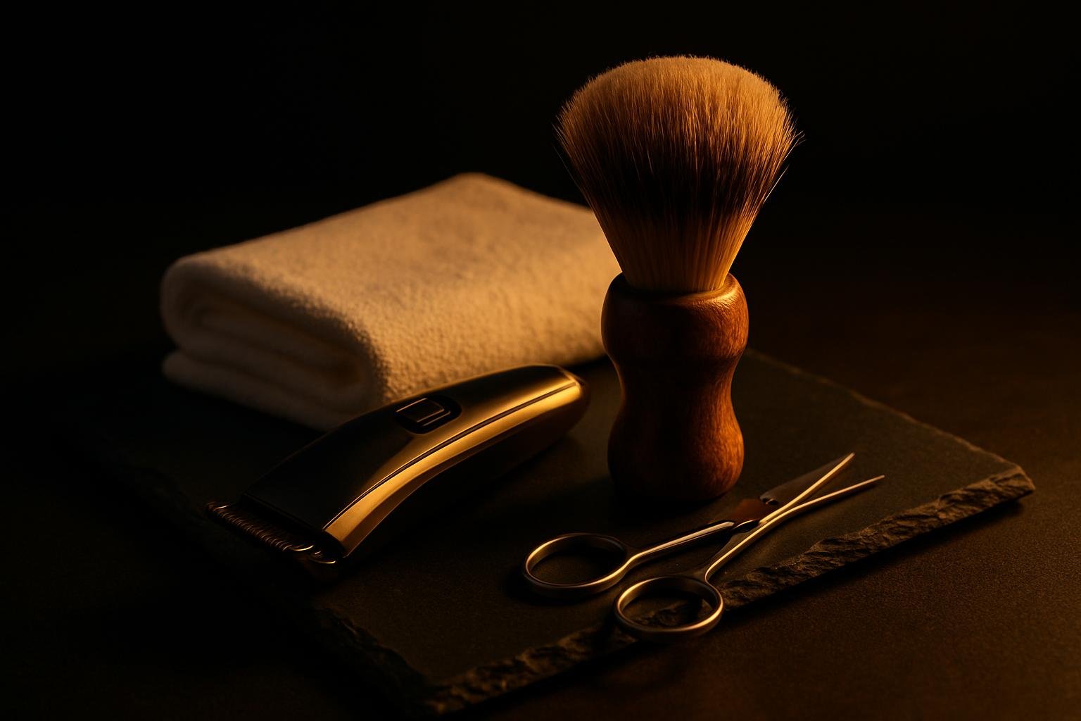 A trimmer, a wooden-handled barber brush, and a small pair of detail scissors resting on a dark slate tray beside a folded white towel under warm light.