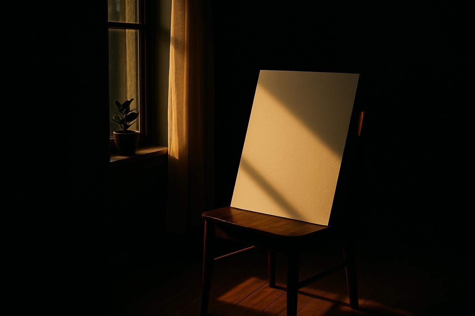 a sunlit window with a sheer curtain, a white poster board propped on a chair opposite the window, and a small houseplant on the sill; warm morning light; wooden floor; no people