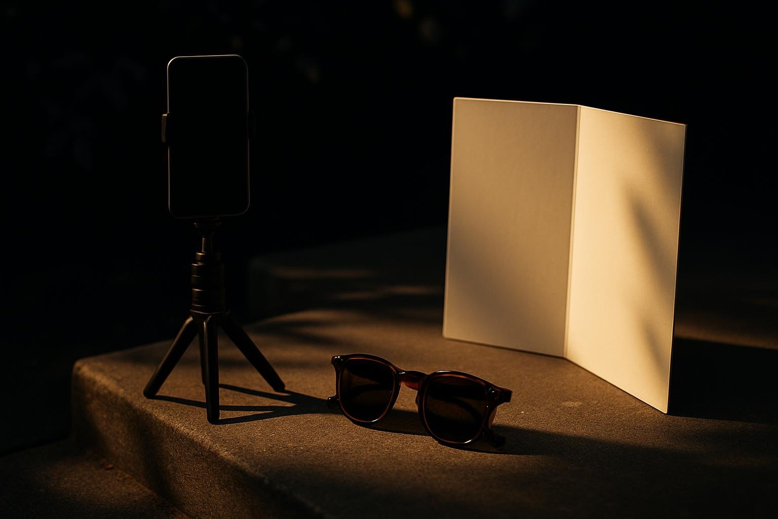 a lightweight phone tripod, a pair of sunglasses, and a foldable white foam board arranged on a concrete stoop in soft overcast light; leafy shadows in the background; no brands visible