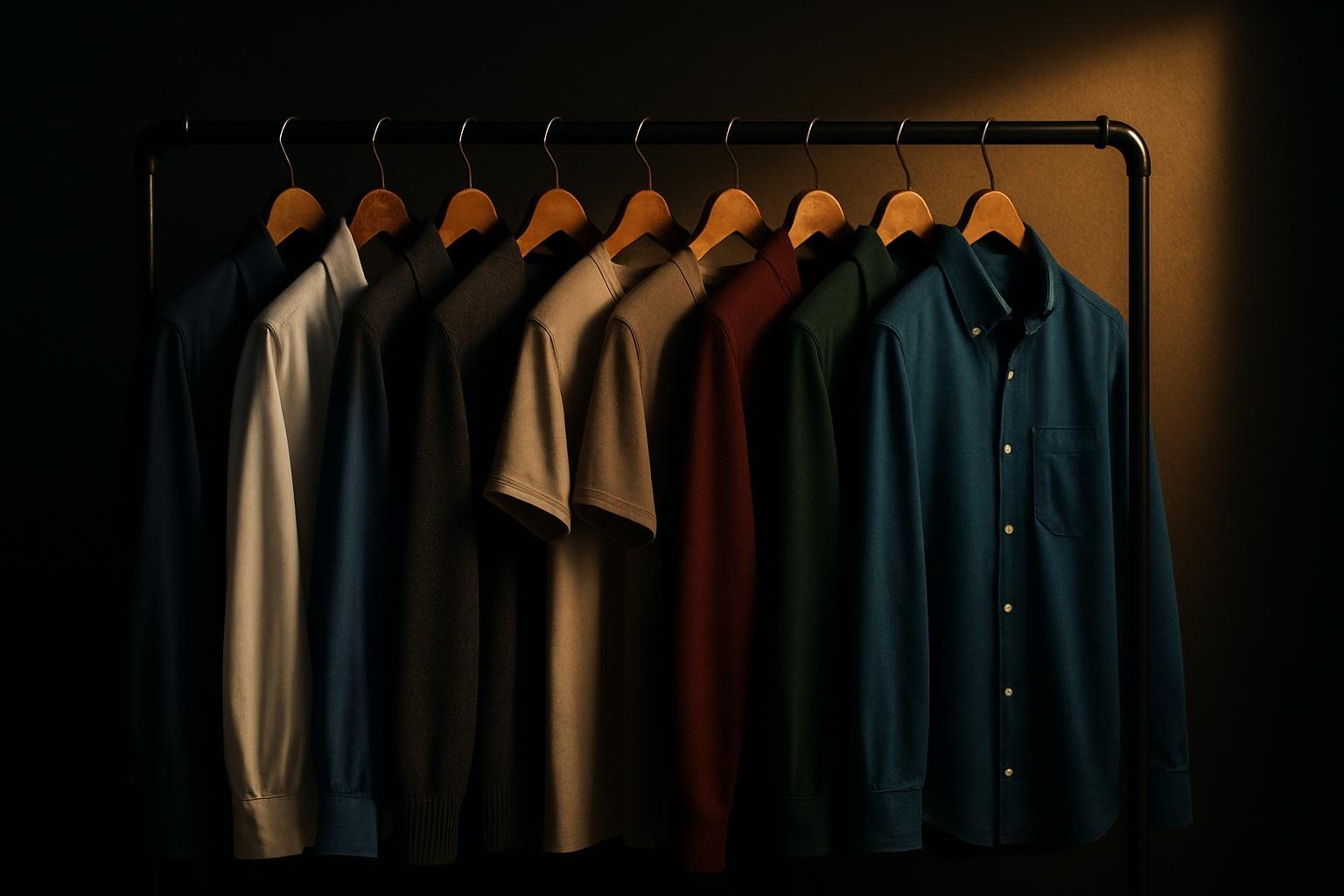 a simple clothing rail with ten shirts and knits spaced evenly: navy, mid-blue chambray, off-white, charcoal knit, taupe tee, stone tee, burgundy sweater, teal polo, forest Oxford, cobalt casual shirt; neutral wall and soft morning light
