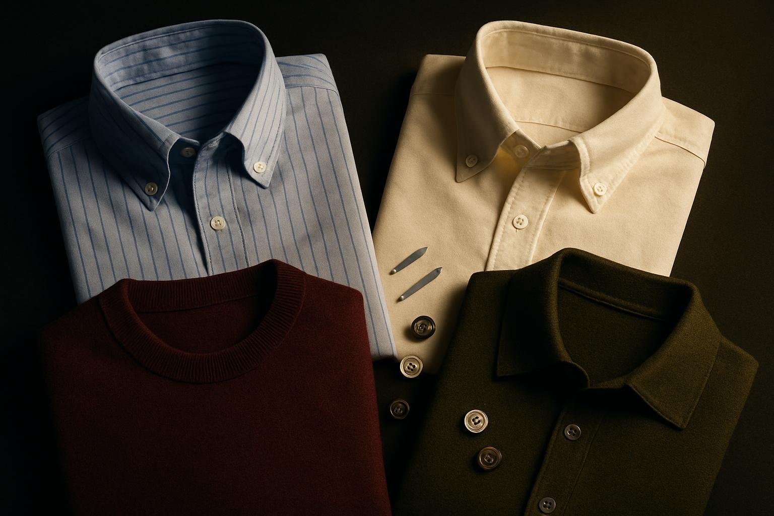 a flat lay of two shirts and two knits: mid-blue Oxford with thin navy stripe, off-white Oxford, burgundy merino crewneck, deep olive knit polo; silver metal collar stays and buttons nearby under neutral daylight