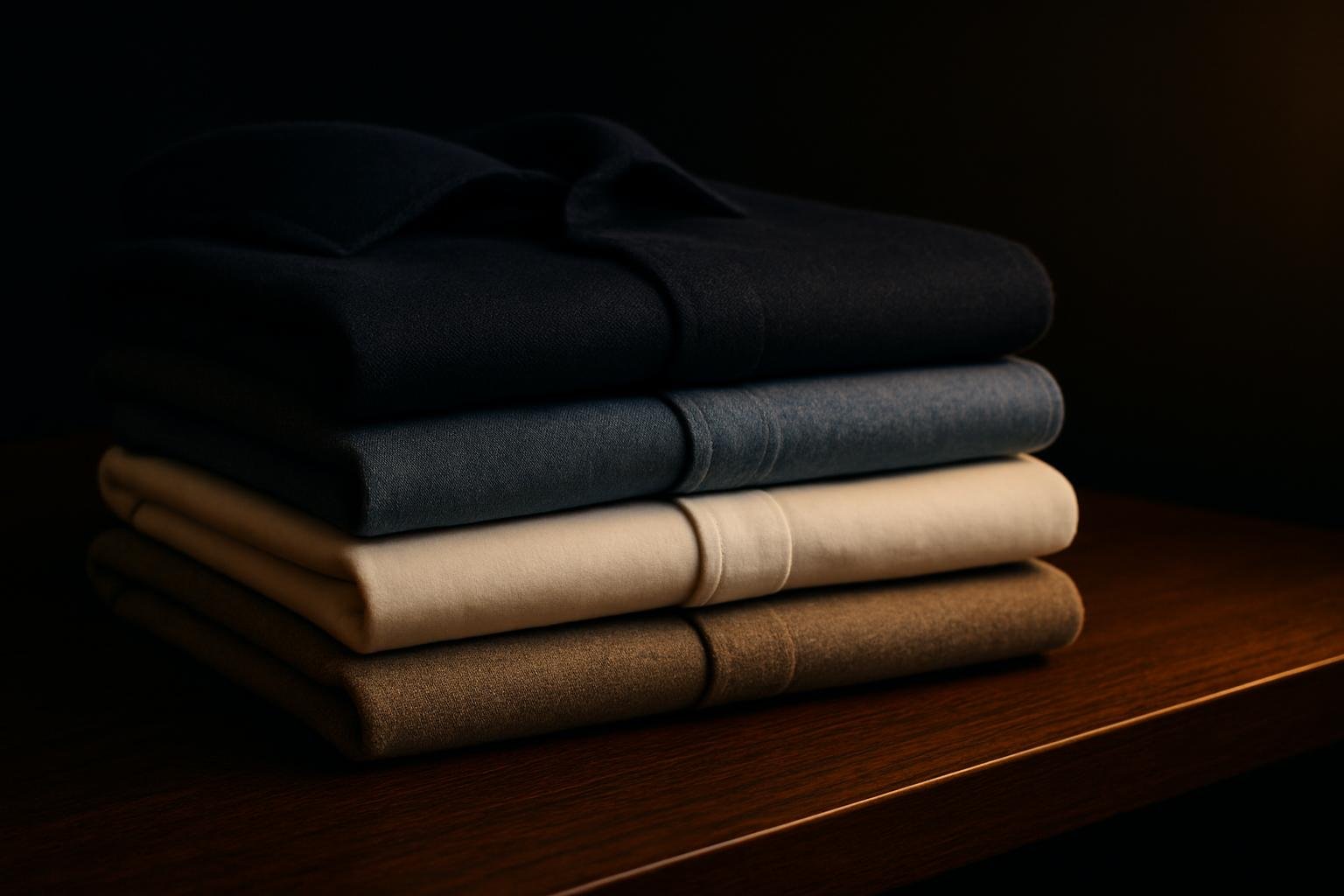a neat stack of folded shirts showing fabric edges: navy Oxford, charcoal knit, mid-blue chambray, off-white poplin, and taupe jersey, on a walnut tabletop under soft window light