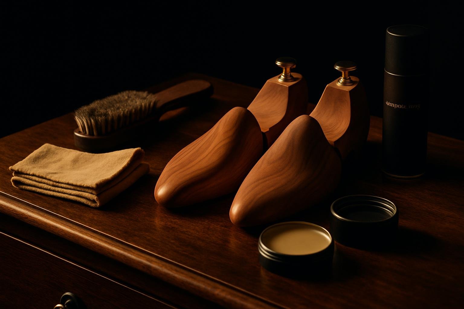a wooden dresser top with cedar shoe trees, a suede brush, neutral polish, microfiber cloths, and a rainproofing spray can under warm window light