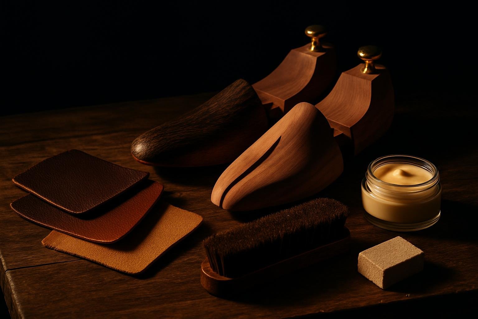 a shoe care still-life: leather swatches, cedar shoe trees, a horsehair brush, neutral cream polish, and a suede eraser on a wooden bench under soft morning light