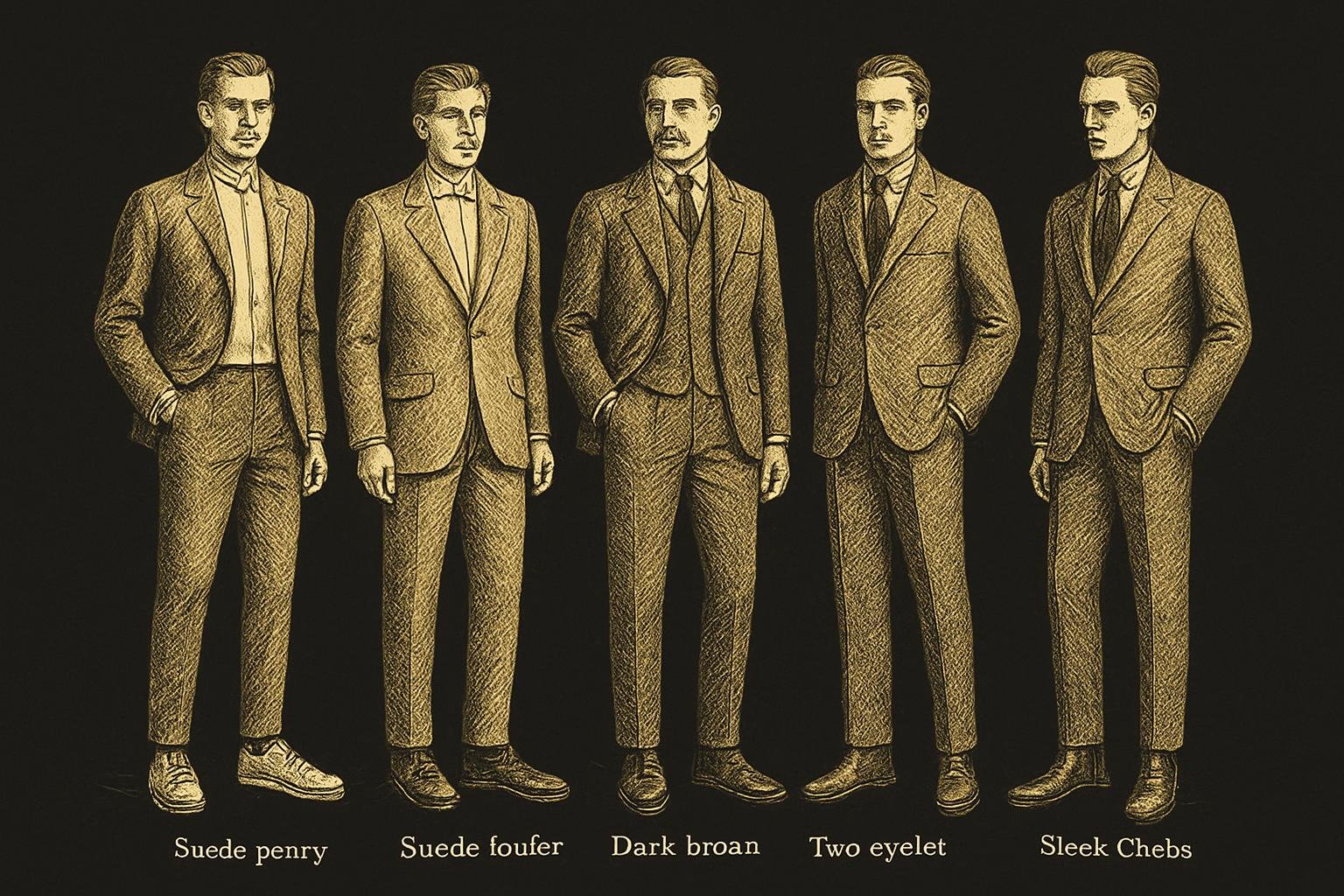 five etched gentleman standing figures, each labeled by shoe: a clean court sneaker with slim cupsole, a suede penny loafer with rounded toe, a dark brown leather loafer with dress sole, a two-eyelet chukka with ankle height, and a sleek Chelsea with elastic gussets