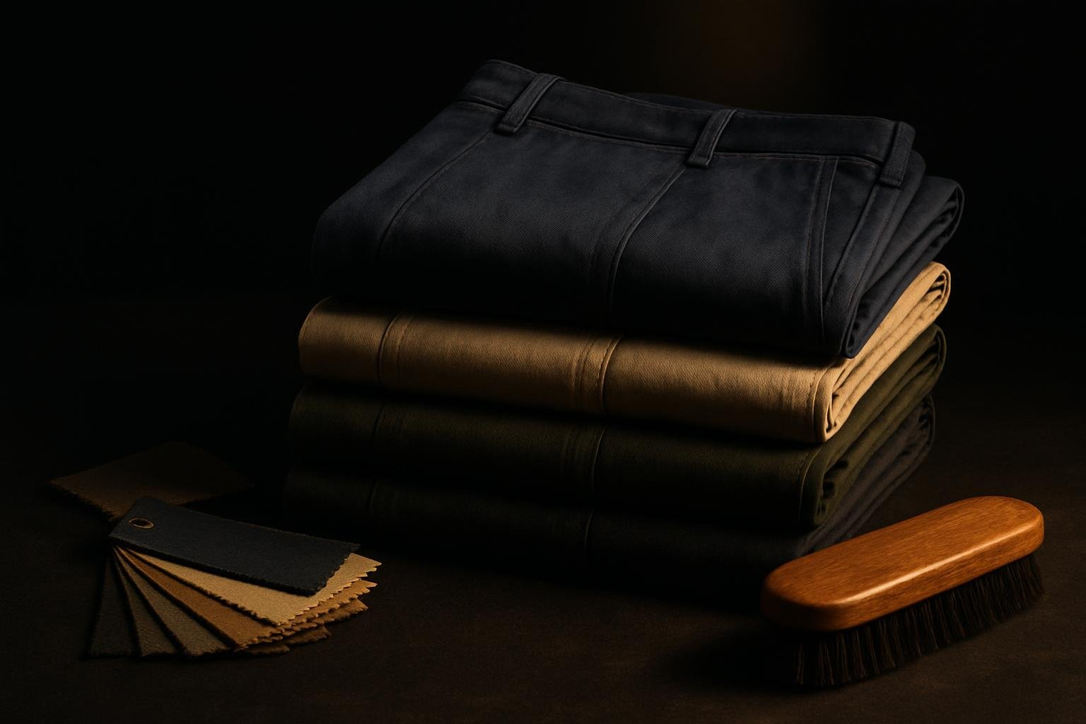 a neatly folded stack of men’s shorts in navy, stone, olive, and charcoal twill beside a fabric swatch fan and a wooden clothes brush under soft window light