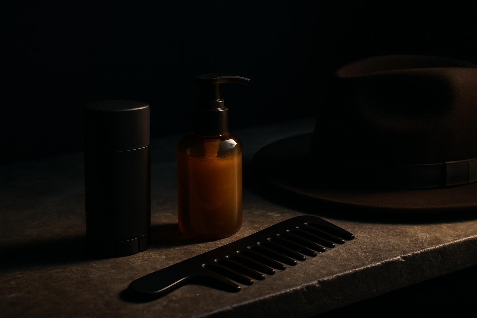 a bathroom counter still-life: a matte black sunscreen stick, a small pump bottle of gel sunscreen, a wide-tooth comb, and a plain brimmed hat on stone tile under cool morning window light