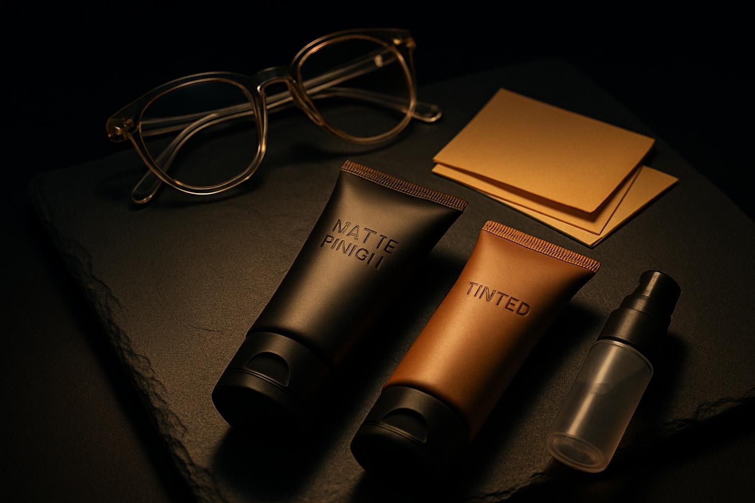 a flat lay of two sunscreen tubes (one labeled matte finish, one tinted), a pair of clear acetate eyeglass frames, oil-blotting papers, and a small travel pump, on a neutral slate surface under soft top light