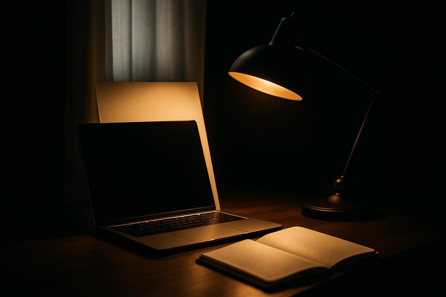 DEFAULT — a clean desk scene with a thin white curtain over a sunlit window, a desk lamp aimed at a sheet of white paper propped behind a laptop, and a white notebook angled below the screen reflecting soft light