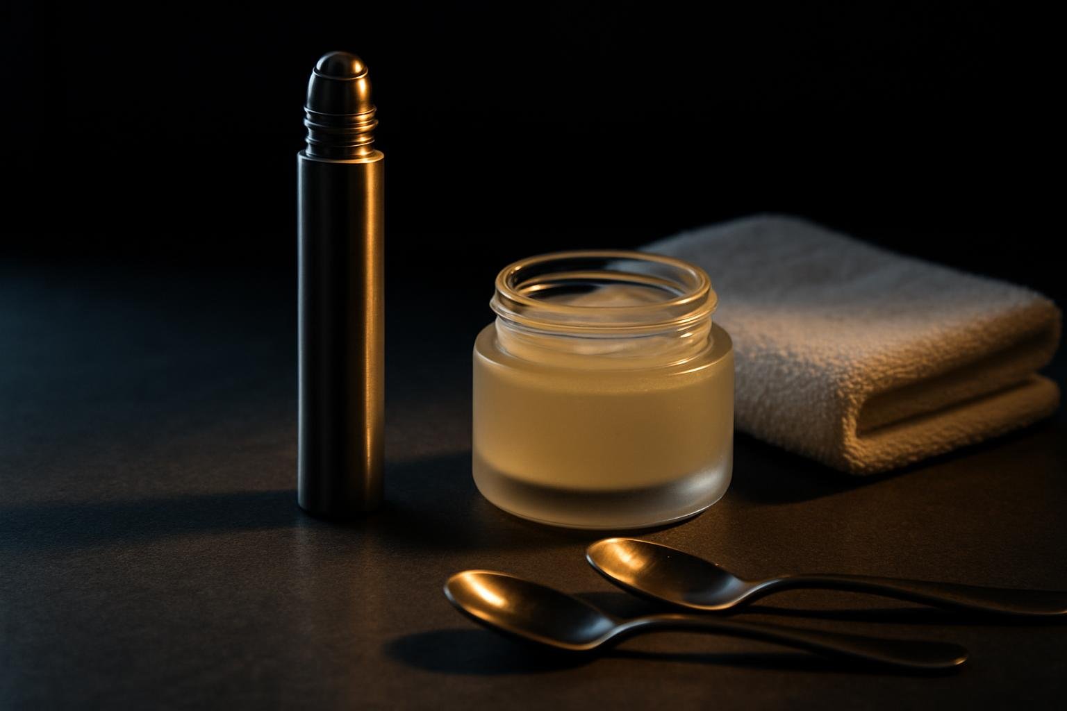 DEFAULT — a cool-toned bathroom counter with a metal rollerball eye serum, a small frosted glass jar of gel, two stainless teaspoons, and a folded white washcloth under soft morning window light