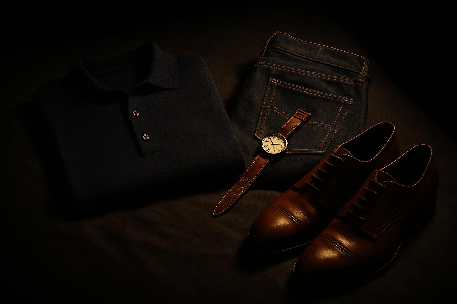 a navy knit polo, dark selvedge jeans, a leather-strap watch and brown leather shoes laid out neatly on a dark bed under warm lamp light