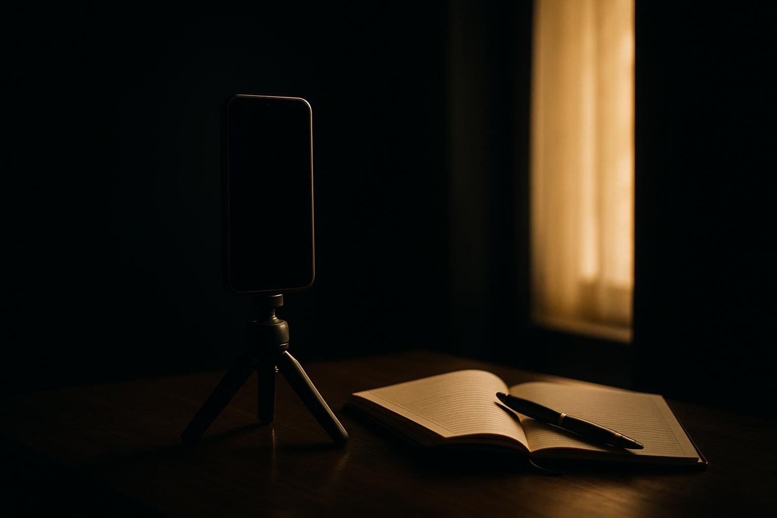 a phone on a small tabletop tripod facing a tall window with soft daylight, a notebook and pen beside it on a dark walnut desk