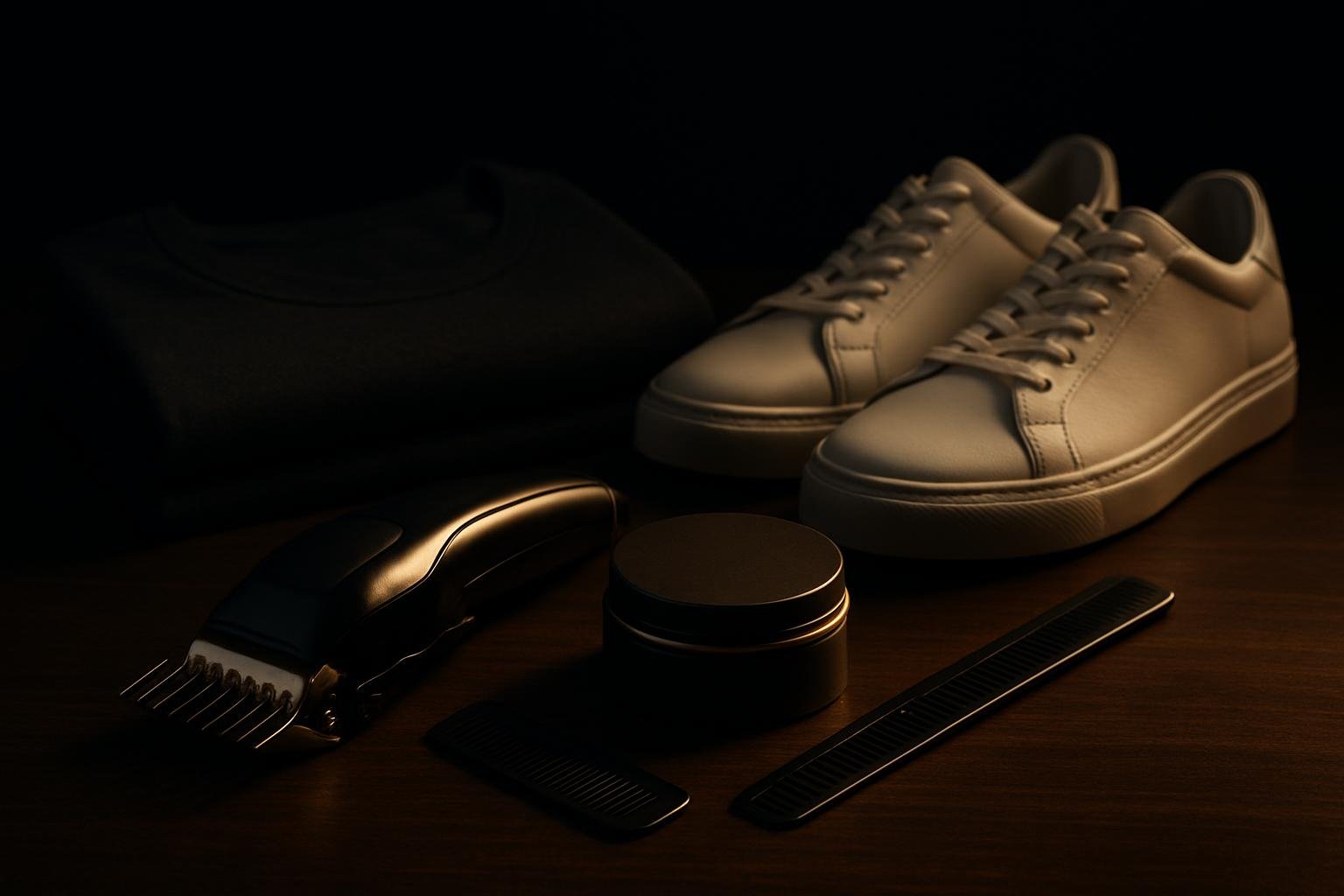 a barber's clippers with steel guards, a comb and a matte clay tin beside a folded charcoal tee and clean white sneakers on dark wood