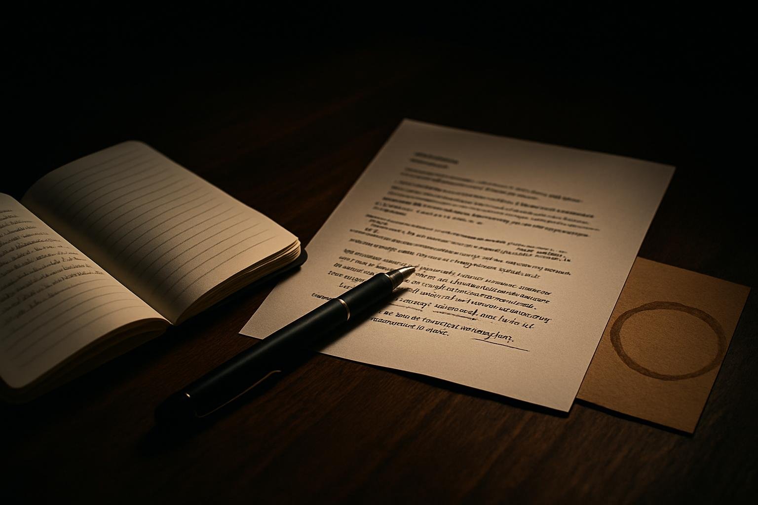 a pocket notebook open on a wood table with a black pen, a printed profile draft with handwritten edits, and a coffee mug ring on kraft paper under soft morning light