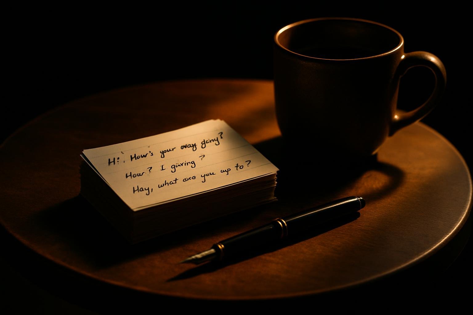 a small stack of index cards with handwritten message prompts, a fountain pen, and a ceramic coffee cup on a cafe table under warm window light