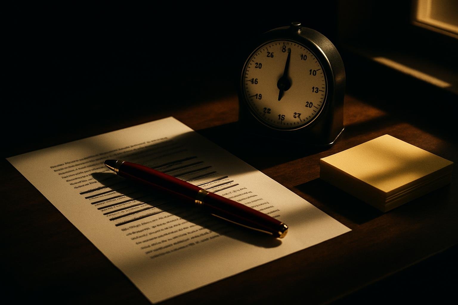 a desk scene with a red pen, printed bio with lines struck through, a simple kitchen timer set to 15 minutes, and a stack of yellow sticky notes under afternoon window light