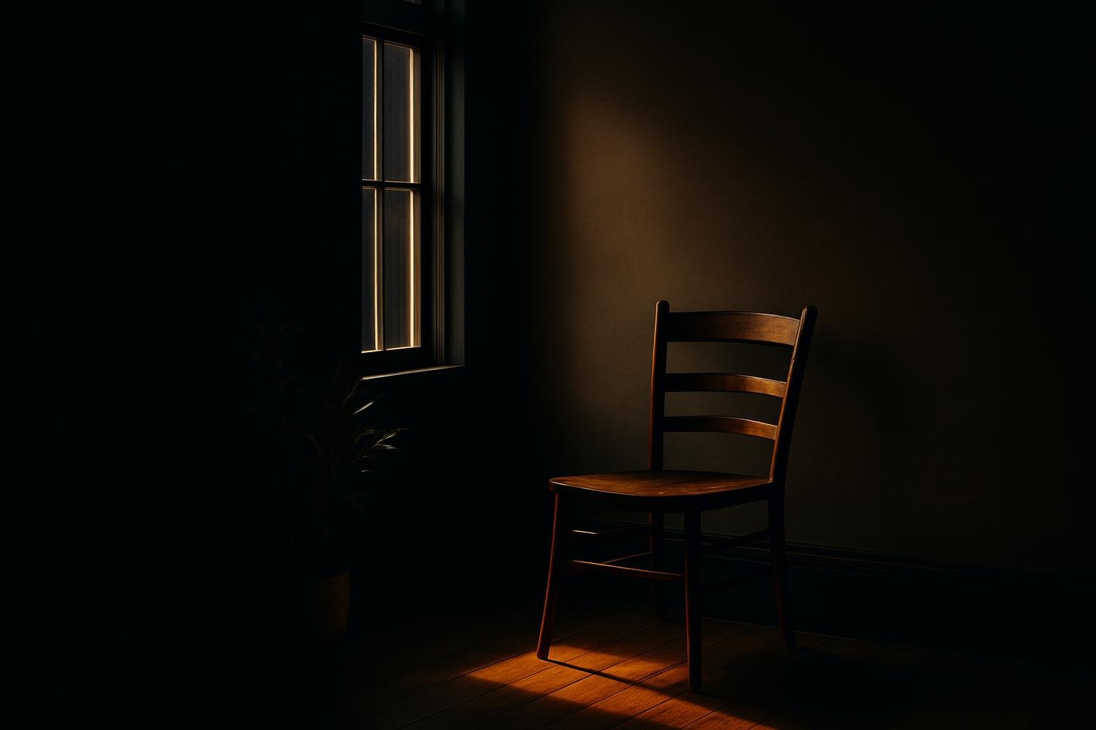A north-facing window casting soft light onto a wooden chair beside a simple plant and a neutral wall, with warm late-afternoon light grazing the floorboards.