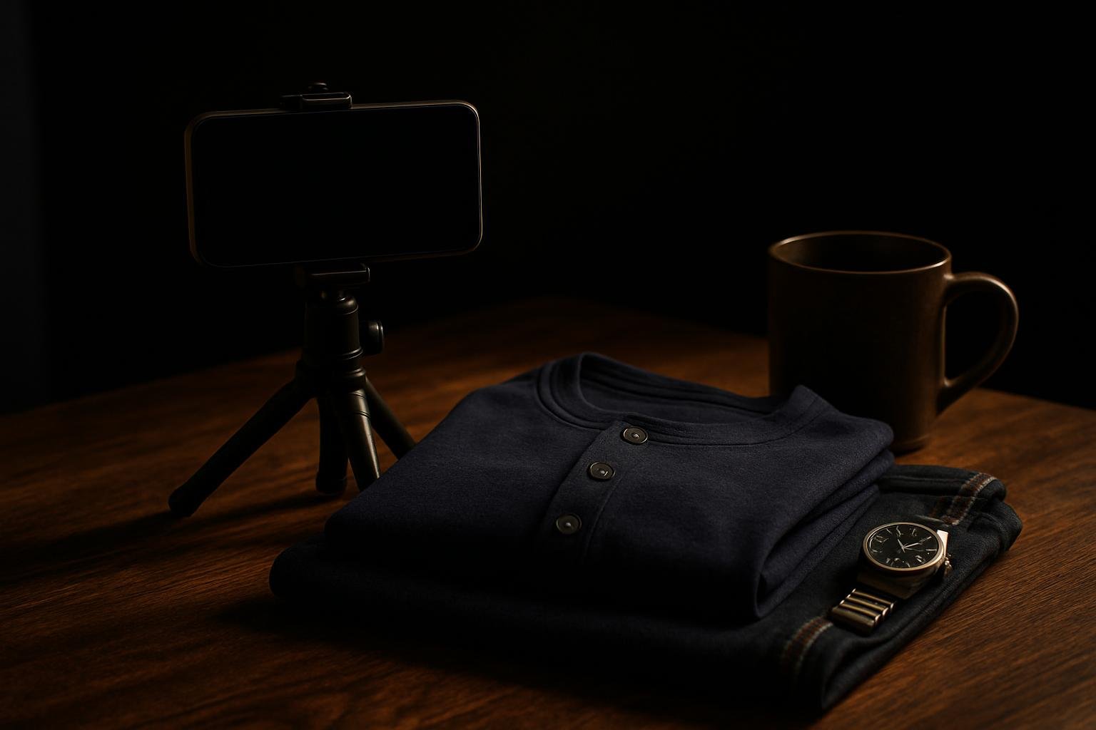 A small tripod with a smartphone, a folded navy henley, dark denim, a watch, and a ceramic mug arranged on a wooden table in soft window light.