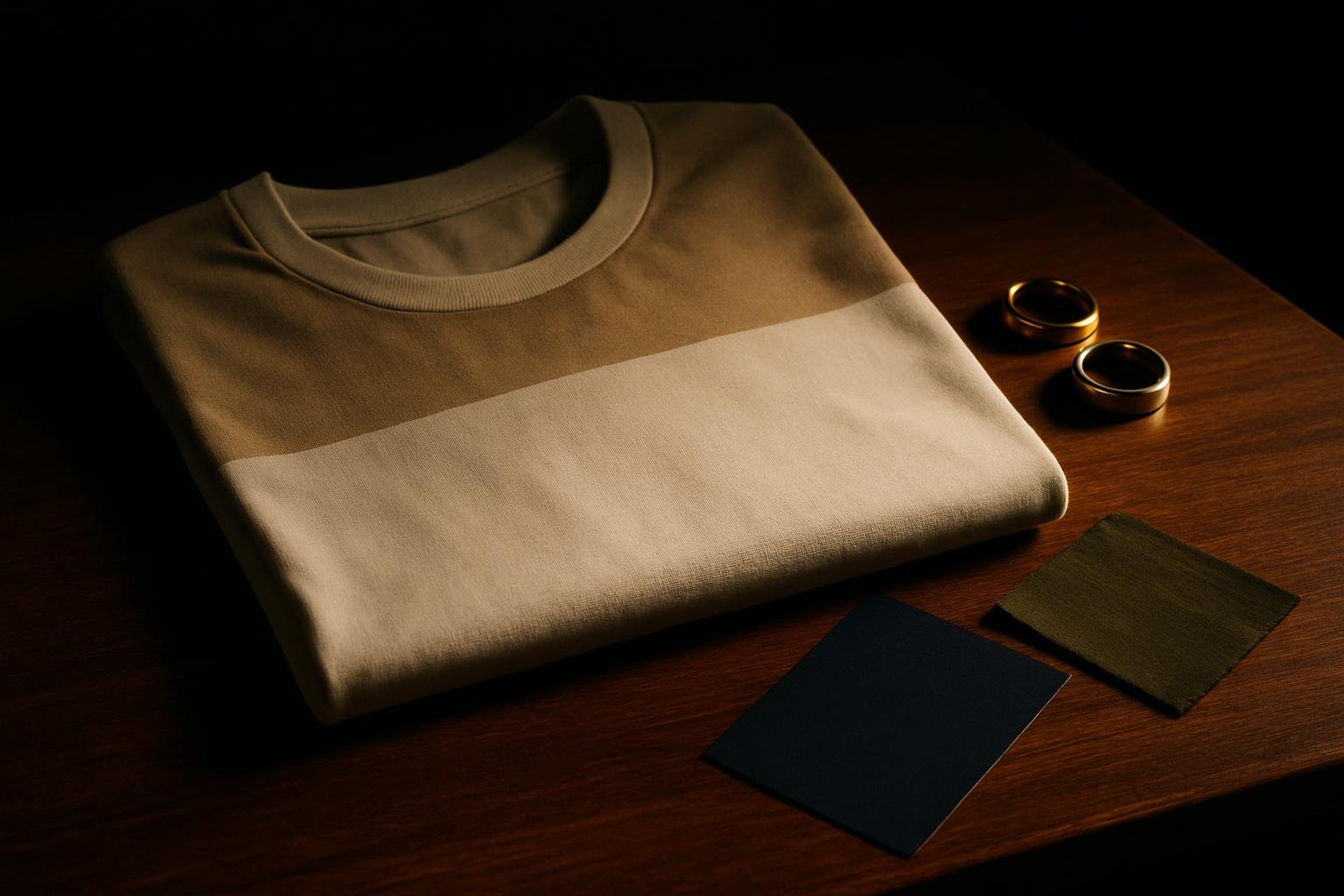 DEFAULT — a white and cream T‑shirt folded beside silver and gold rings, a navy swatch card, and an olive fabric sample on a wooden table under soft window light