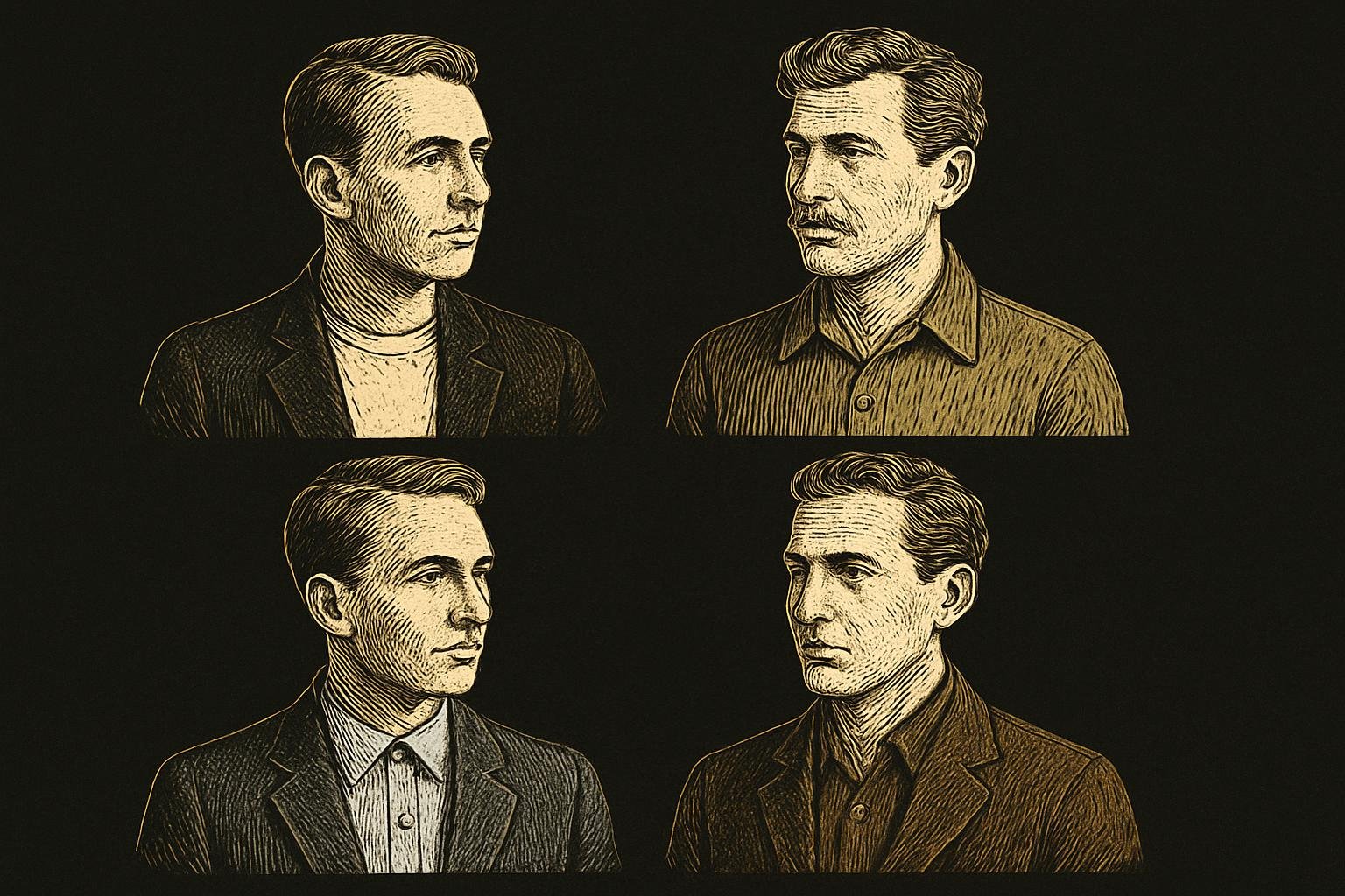 four etched gentleman busts showing outfit contrast: 1) white tee under navy jacket, 2) cream polo under olive overshirt, 3) light blue shirt with charcoal blazer, 4) tonal dark olive shirt under chocolate jacket