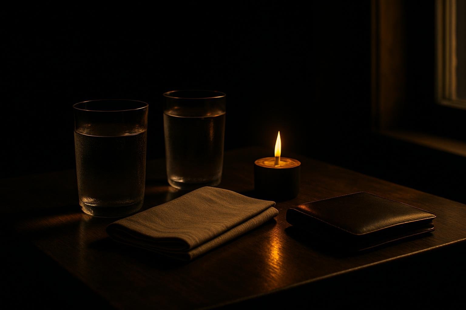 a small cafe table setting: two water glasses with condensation, a folded cloth napkin, a simple candle, and a leather wallet on a wooden table under soft evening window light