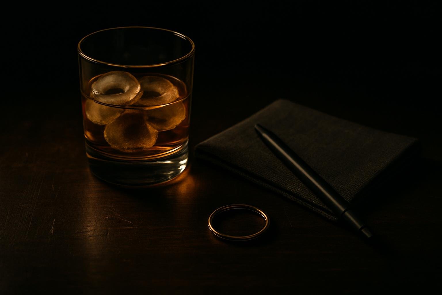 a small tabletop arrangement: a short tumbler with ice rings, a folded napkin, a plain pen, and a simple keyring on dark wood with soft overhead light