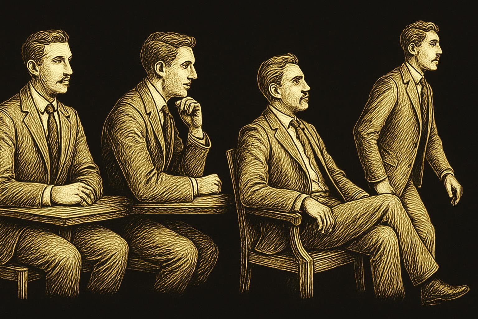 four etched gentleman profiles and seated poses: a neutral stacked seat with one forearm on table, a slight forward listening lean, a relaxed neutral recline, and a smooth stand-up transition